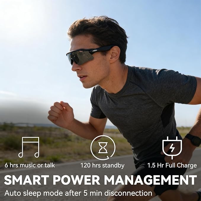Bluetooth Smart Sunglasses for Men Women, Open-Ear Speaker Glasses with Touch Control, UV400 Polarized Lens, 5-6H Playtime for Outdoor Sports,Black and Grey