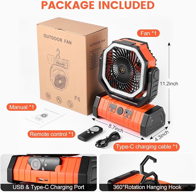 Odoland 30000mAh Oscillating Camping Fan with LED Lantern, Rechargeable Battery Operated, Portable Tent Fan with Timer, 4 Speeds for Outdoor Camp RV Jobsite Power Outage, Orange