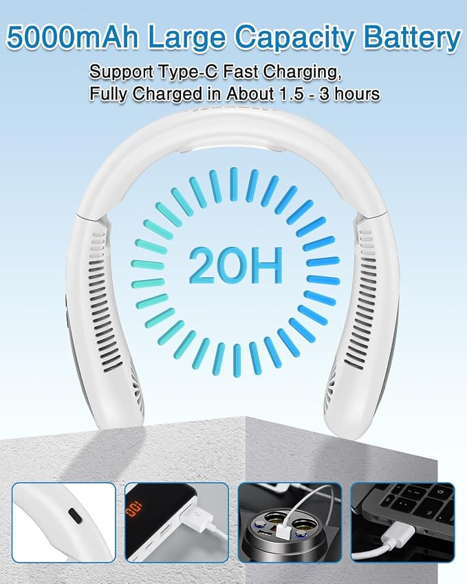 Neck Air Conditioner, Portable Neck Fan with Cooling Plate 360°Cooling Airflow, 5000mah Rechargeable USB Fan Hands Free Bladeless Wearable Foldable Mini Fan for Men Women Home Office Outdoor