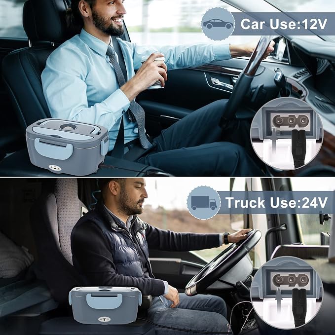 Akhia Electric Lunch Box for Adults, 80W/1.5L Heated Lunch Box for Men Work Car Truck, Portable Food Warmer Lunch Box Upgraded with Fork&Spoon and Insulated Carry Bag, 12V/24V/110V