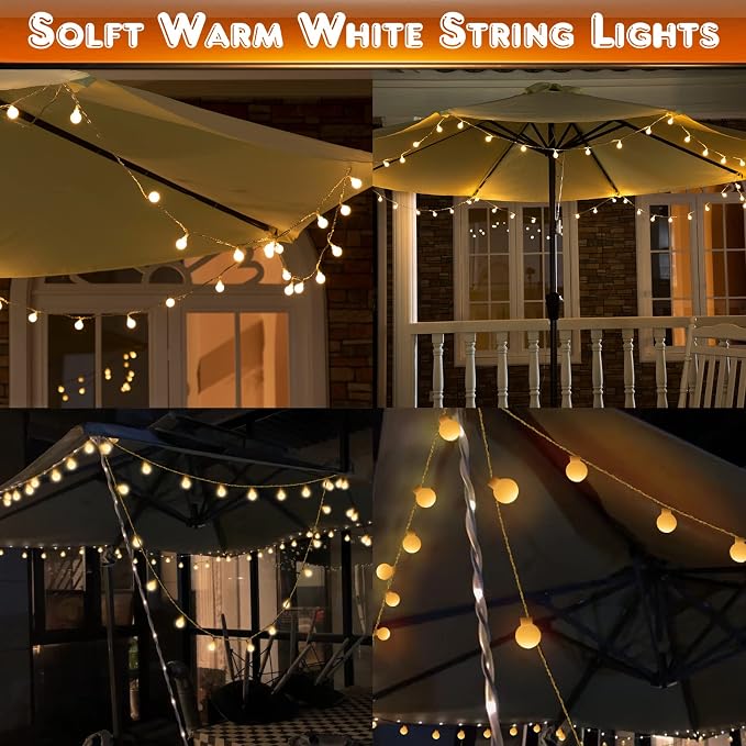 1 Pack 32 Feet Patio Umbrella Lights, 8 Lighting Modes LED String Lights with 64 Pcs Shatterproof Globe, Remote Control Battery & USB Powered, Waterproof Hanging Light Decorate for Patio