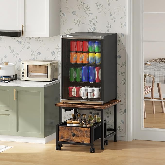 HOOBRO Mini Fridge Stand with Non-Woven Storage Basket and Power Outlet, Mini Fridge Cabinet with Wheels and Adjustable Feet, Mobile Fridge Shelf, for Home, Apartment, Dorm, Rustic Brown FB355UBX01