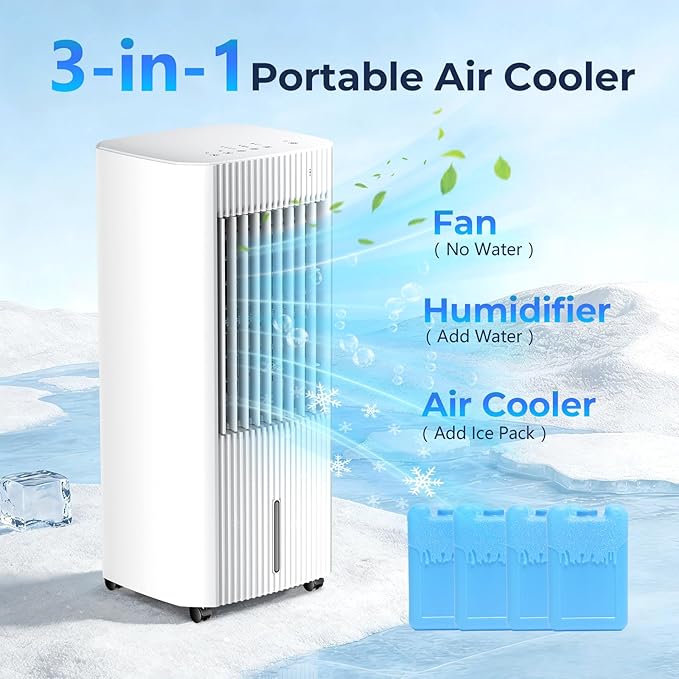 Electactic Portable Air Cooler,3 In 1 Swamp Cooler with Ice Packs,15H Timer,3 Speeds & Modes,Windowless AC for Apartments,Bedroom,Office,45dB Quiet,Pet-Friendly,Off White