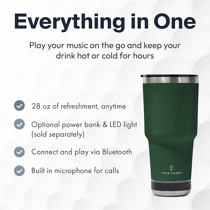 Vibe 28 oz Tumbler with Bluetooth Speaker, Insulated Stainless Steel Travel Cup with Lid, Hot & Cold Drink Beverage Container, Removable Speaker with Microphone, Rubber Base, Dark Green