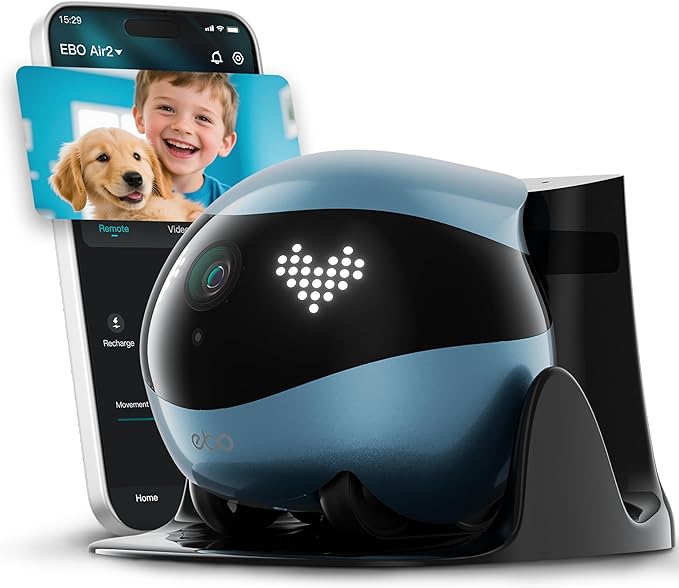 Enabot EBO Air 2 Mobile Pet Camera Robot: 2K FamilyBot with Two-Way Talk | Family Companion with Whole-Home Mobility, Custom Pixel Facial Expression, Auto-Recharge, Night Vision, Long Distance Gift