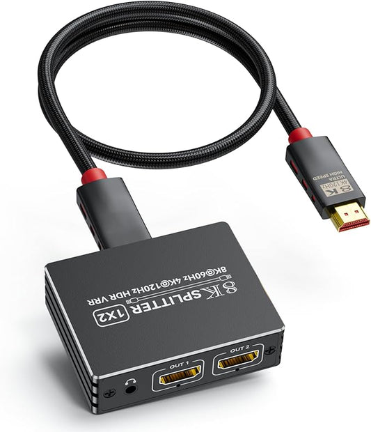 HDMI 2.1 Splitter 1 in 2 Out 4K 120Hz with 8K HDMI Cable and Power Adapter, BolAAzuL 8K 60Hz 1x2 HDMI Y Splitter with Audio Out for Dual Monitors Duplicate, Support HDCP 2.3 HDR for PS5/Xbox/PC/TV