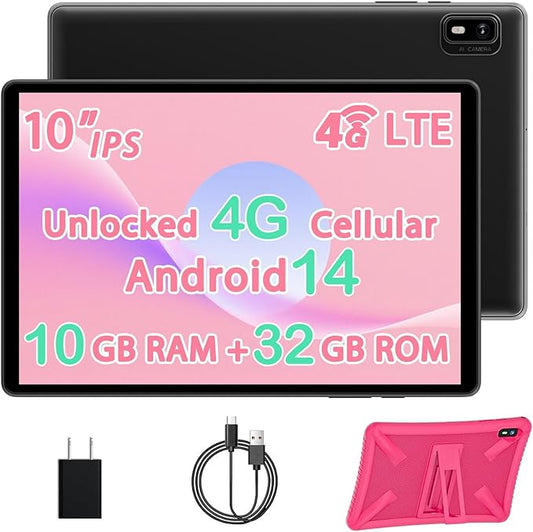 Topsand 10 Inch Tablet Android 14 Tablet with Sim Card Slot Unlocked, 10GB RAM, 32GB ROM, 1TB Expandable, 8MP Camera, 2.4G/5G WiFi, BT5.0, Cellular Tableta with GPS, Protective Case (Pink)