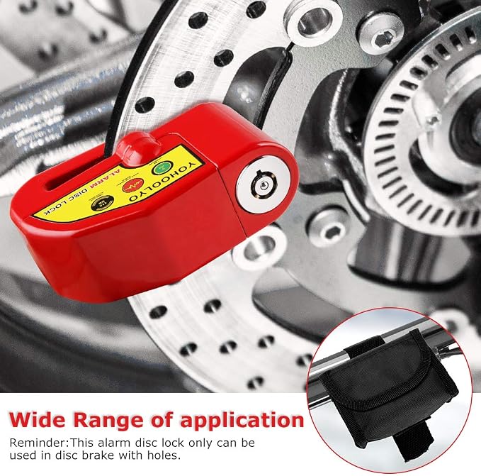 YOHOOLYO Alarm Disc Lock Motorcycle Disc Brake Lock Anti-Theft Waterproof 110 dB 7mm Pin 5ft Reminder Cable for Motorcycles Bike Scooter Carry Pouch (Red)