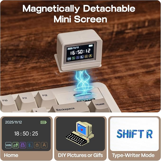 EPOMAKER RT82 Wireless Mechanical Keyboard with Screen, VIA Custom, 2.4GHz/USB-C/BT5.0, RGB Backlit, Gasket, 5-Paddings, PBT Keycaps, Hot-Swap Retro Gaming Keyboard (Creamy Jade)