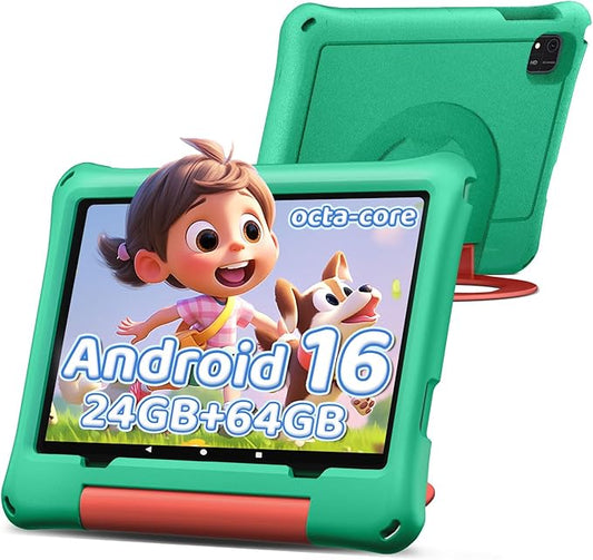 10 inch Kids Tablet, Android 16 Tablet for Kid, Octa-Core Processor, 24GB RAM, 64GB ROM 1TF Card Expandable for Toddler Children,Tablets with Case, Parental Control, 6000mAh,WiFi, BT5.0 (Green)