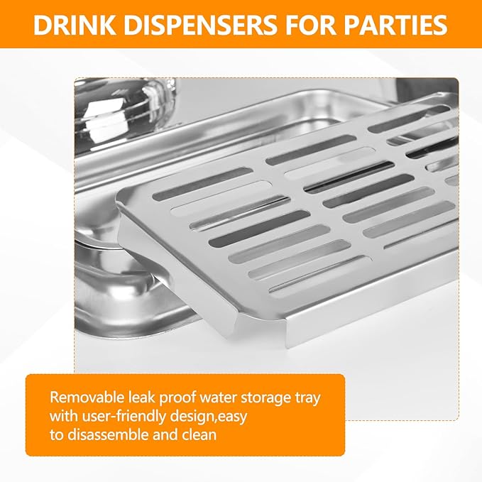 Drink Dispenser with Stand, 4.2 Gallon Beverage Dispenser for Parties, Stainless Steel Dual-Head Juice Dispenser with Centre Ice Core and Drip Trays for Parties, Buffet Cafeterias, Homes