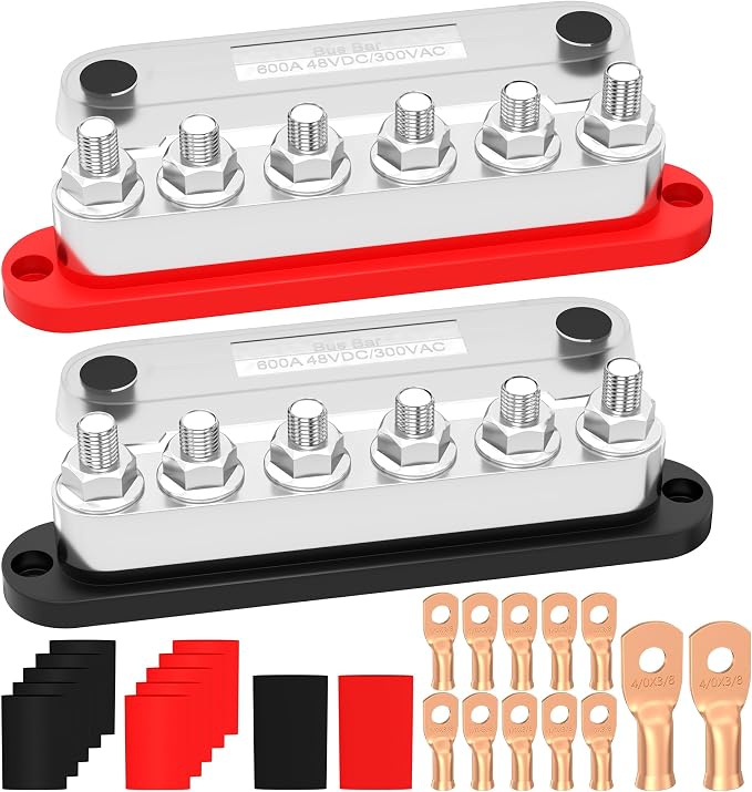 RVBOATPAT 600A Power Distribution Block 12V Bus Bar 6 x 3/8" (M10) Terminal Studs 12 Volt Battery Busbar for Boat Automotive Solar