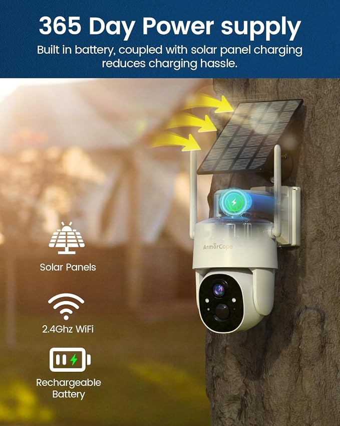 Armorcope Solar Security Cameras Wireless Outdoor,360° View Battery Powered with Spotlight Color Night Vision,2K WiFi Home Security,PIR Sensor,Wireless Easy Install, 2.4 GHz Wi-Fi