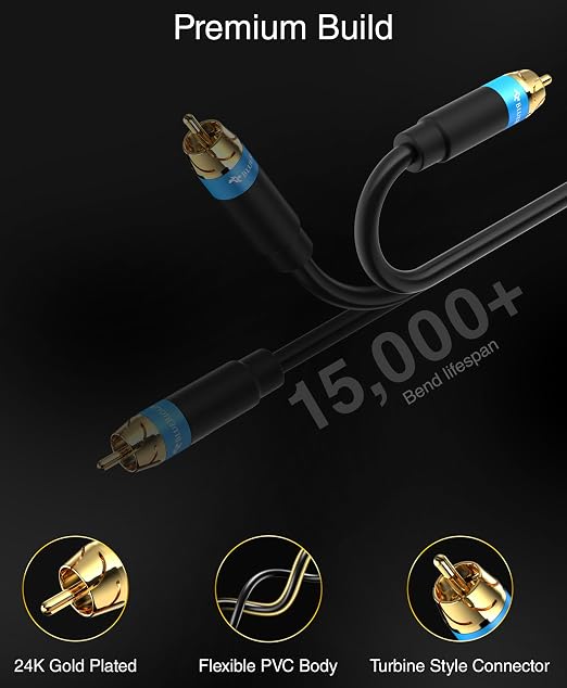 BlueRigger Subwoofer Cable 15FT (Dual Shielded RCA Cables for Subwoofer) Gold Plated, RCA Male to Male – Subwoofer RCA Cable for Amplifier, DAC, Receiver, Home Theater, HDTV, Soundbar
