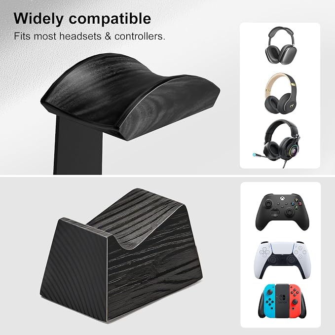 UPERGO Headset Stand with 2 Controller Holders - Solid Wood & Metal Gaming Headphone Holder for Switch, Controllers, and Desk Accessories (Black)