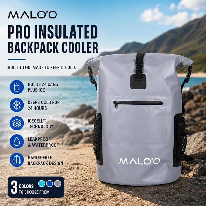 Malo’o Pro Insulated Backpack Cooler, Leakproof Soft Cooler Backpack for Camping, Fishing, Hiking, Kayaking, Beach