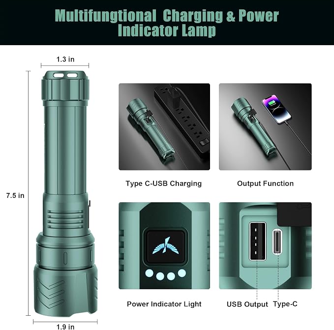 SKYFIRE LED Flashlights High Lumens,3000lm Super Bright Rechargeable,Zoomable,4 Modes,Waterproof Tactical Light for Camping Essentials,Outdoor and Home Emergencies-Green