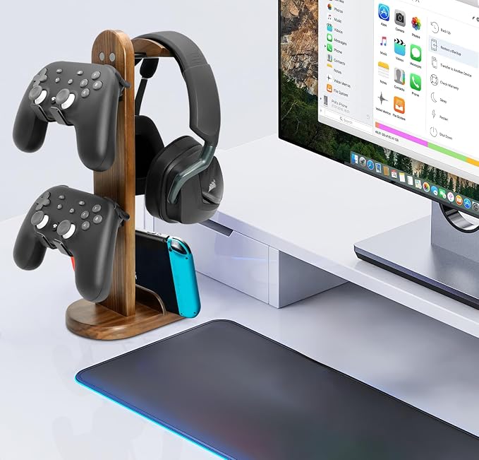 Controller Holder with Headphone Stand - Wood Gaming Controller Stand for Xbox PS5 PS4 Switch Pro, PC Gaming Accessories - Present Idea for Husband, Boyfriend, Gamers, Game Lover, Game Room Decor