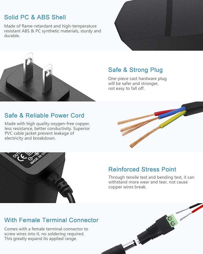 ALITOVE 12V 1A Power Supply AC Adapter 100-240V 50-60Hz to DC 12 Volt Transformer 12W Replacement Power Cord 5.5 x 2.5mm/2.1mm Tip for CCTV Security Camera DVR NVR System Router LED Strip (5 Pack)