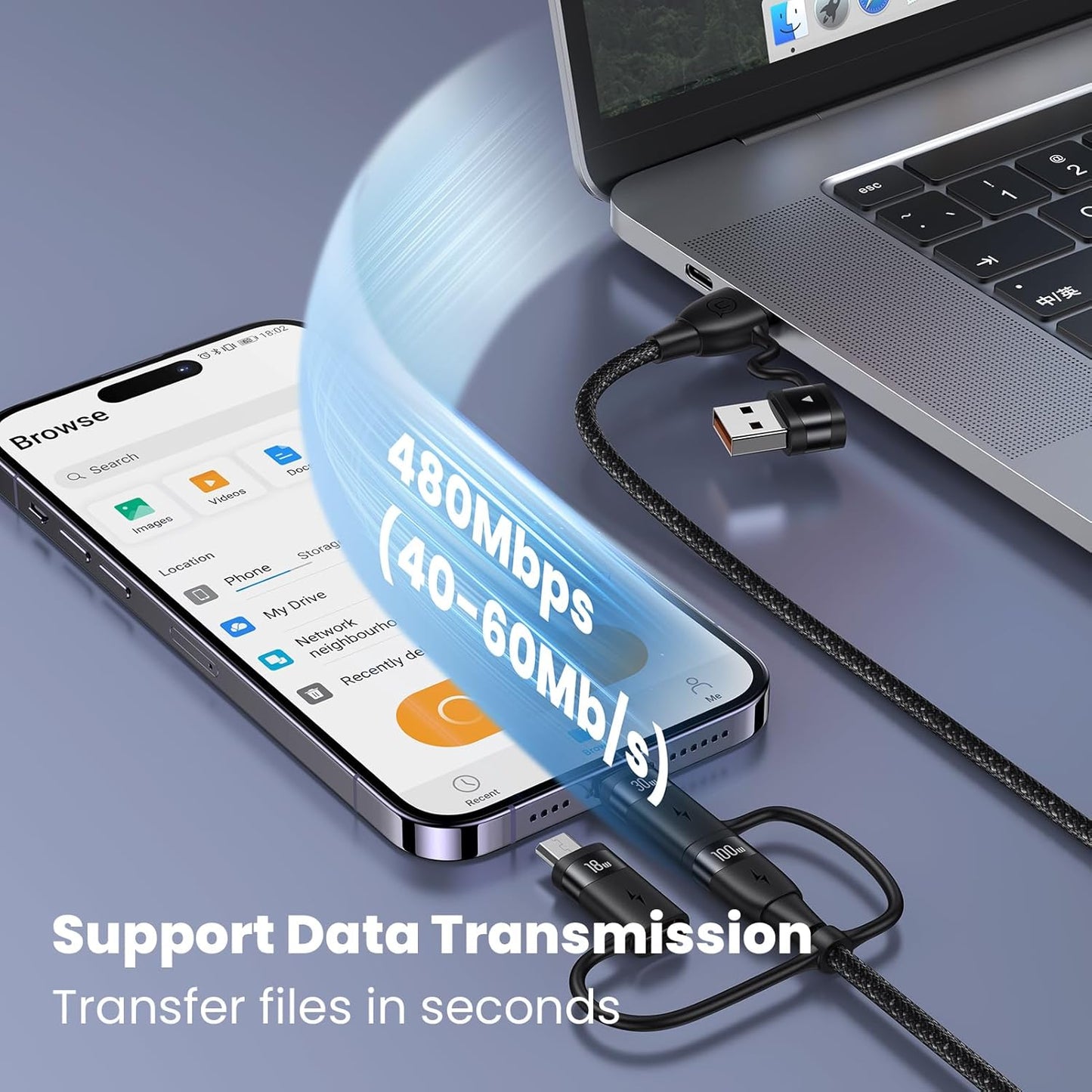 100W USB C Multi Charging Cable, USAMS 4FT 5-in-1 5A Fast Sync Charger Adapter Nylon Braided Type-C Cable for Laptop/Tablet/Phone and More