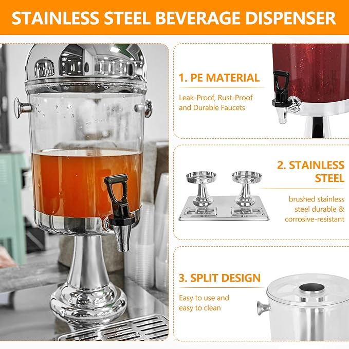 Drink Dispenser with Stand, 4.2 Gallon Beverage Dispenser for Parties, Stainless Steel Dual-Head Juice Dispenser with Centre Ice Core and Drip Trays for Parties, Buffet Cafeterias, Homes