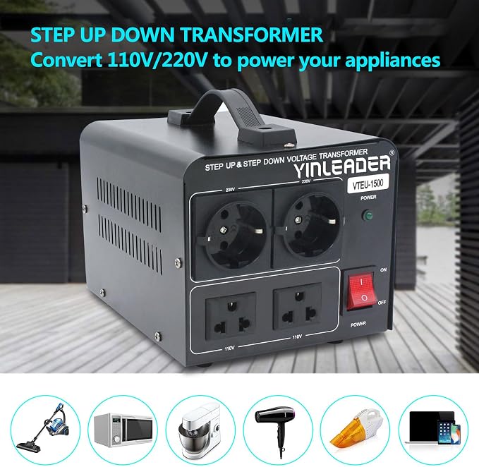 Yinleader 110V to 220V Voltage Converter Transformer Step Up/Down 120V to 240V with 2 US&2 EU Outlets 1500W [110V US Power Cord Included Only, No 220V Cord]