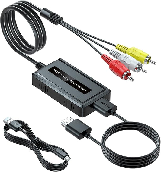 Male RCA to HDMI Converter with HDMI Cable for DVD/STB/VHS with Female RCA Output(RCA Cable Integrated), CVBS AV Composite to HDMI Converter Supports Full HD 720P/1080P Output Switch
