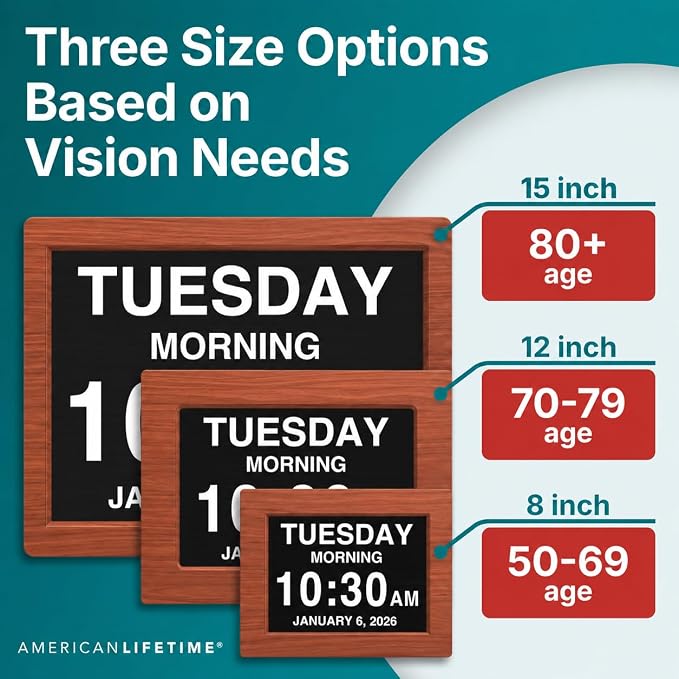 American Lifetime New 2026 Dementia Clock Large Digital Clock for Seniors, Alzeimer Clock Large Display with Custom Alarms, Clock with Day & Date for Elderly, Digital Calendar Premium Brown Wood 12"