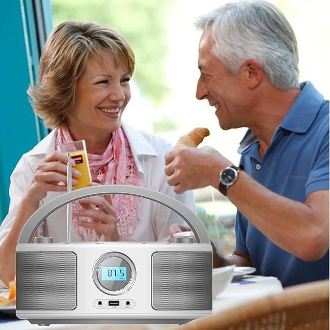 Portable CD Player Boombox with Bluetooth, FM Radio, Remote Control, USB Port and 3.5mm AUX Headphone Jack, Clear Stereo Sound, 4 Watts of Audio, AC/Battery Powered