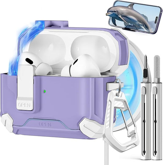Pohgelan Compatible with AirPods Pro 2nd/1st Case,Magnetic Automatic Lock with Phone Stand & Cleaning Kit,Compatible with Magsafe Cover -s-Purple