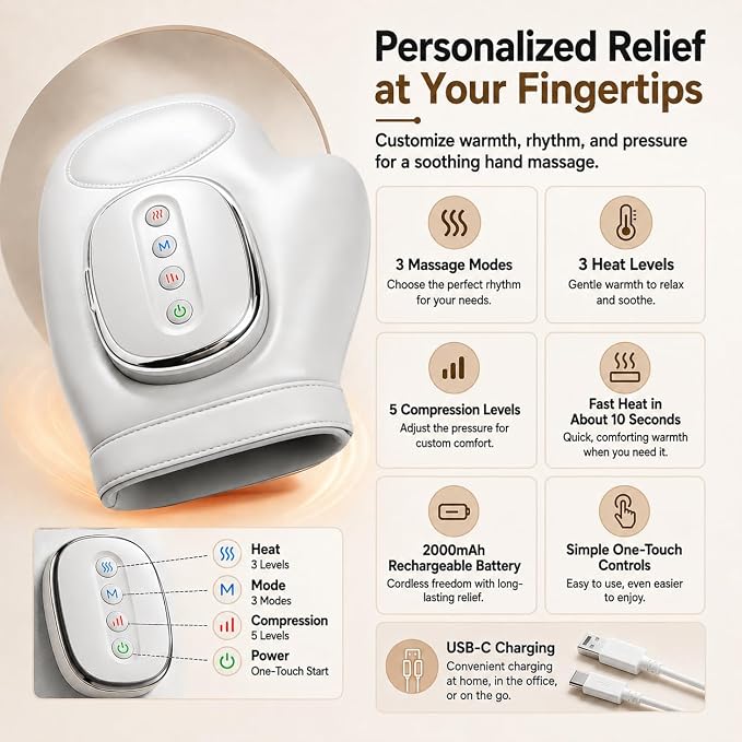 Hand Massager with Heat and Compression, Cordless Electric Hand Massager for Arthritis and Carpal Tunnel Relief, Rechargeable Hand and Wrist Massager for Home Office Travel