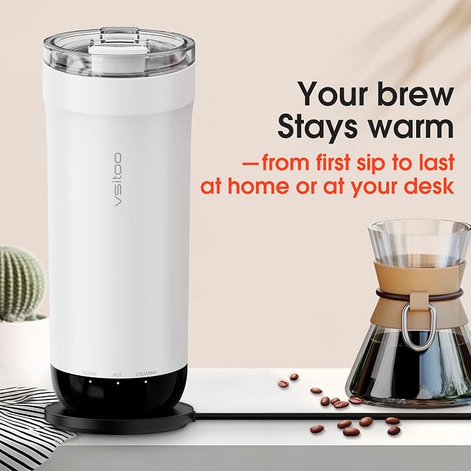 Vsitoo S5 Self Heating Travel Mug 16oz, Rechargeable Coffee Mug with Car Charger Kit, AI Auto-Sensing Temp Control Heated Cup for Home Office Car, App Control, Gift Women Men - White