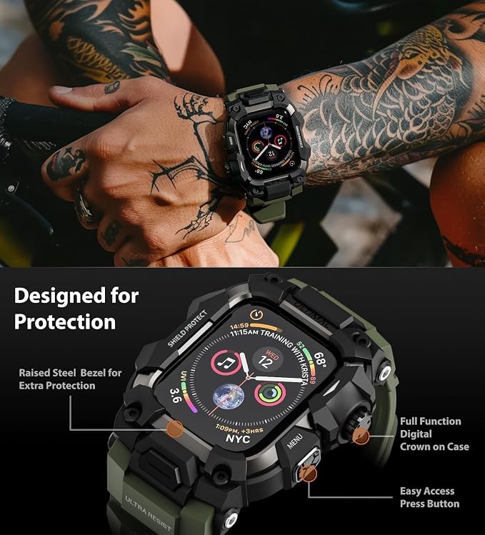 ULTIMAL Rugged Case with Band for Apple Watch Band 45mm,Compatible with Apple Watch Series 9/8/7 45mm,Military Grade Shockproof Bumper Cover for iWatch Tactical Band Men (Army Green, 45mm)