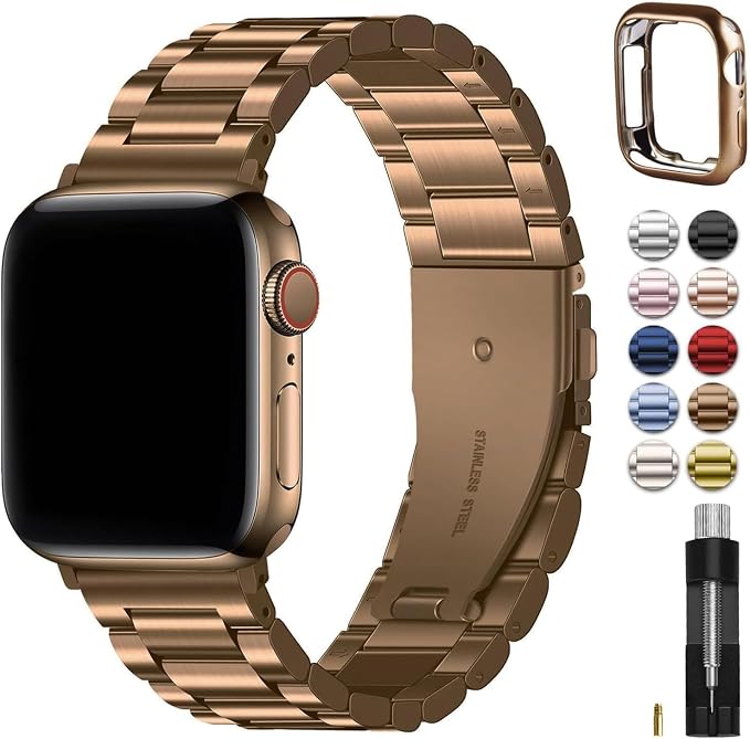 Fullmosa Metal Band Compatible with Apple Watch Bands 45mm 44mm 42mm, iWatch Band with Case for Apple Watch Series 9 8 7 6 5 4 3 2 1 SE3/2/1, Golden Coffee