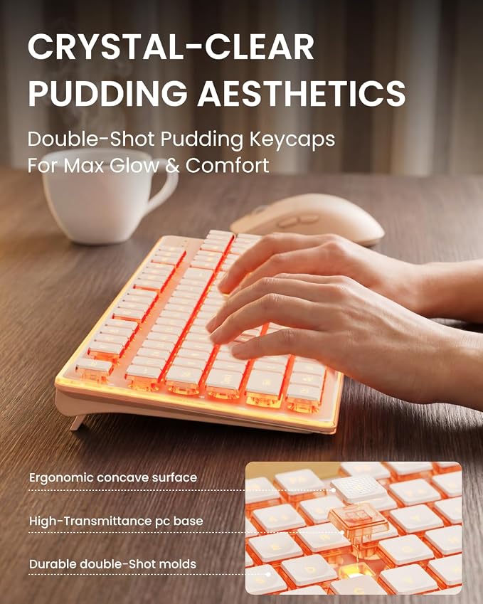 Wireless Keyboard and Mouse Combo with Warm Backlit Pudding Keycaps, Bluetooth & 2.4G, 2000mAh Rechargeable, Full Size, Metal Panel Quiet Computer Keyboard Set for Windows PC Desktop - Rose Gold