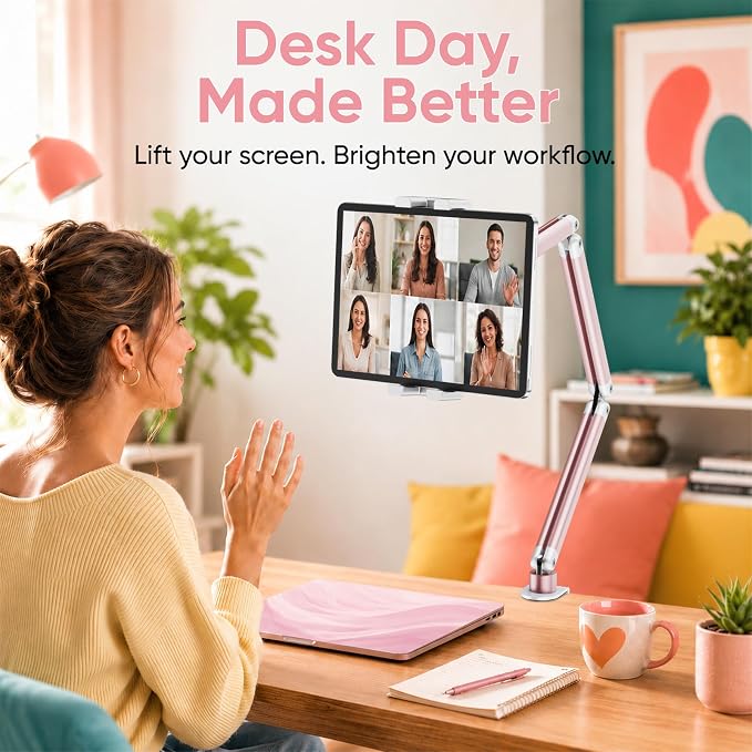 Urmust Portable Monitor Stand 15.6", iPad Stand for Desk, Portable Monitor Holder up to 18.5", Adjustable Desktop Tablet Arm Mount, iPad Holder for Desk, for 4.7"-12.9" i Pad Pro/Air/Mini Pink