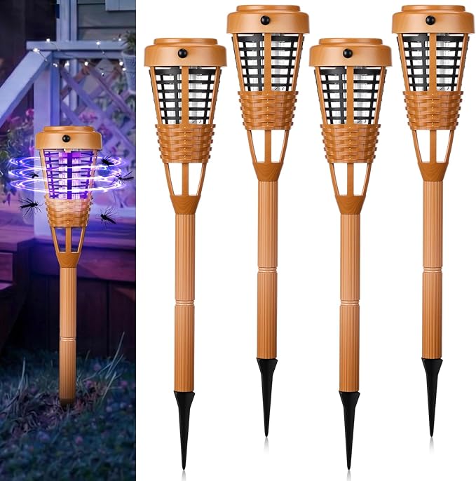 4 Pcs Solar Bug Zapper Outdoor, Torch Zapper Lights Waterproof Mosquito Killer Lamp with Auto On/Off Lighting,Purple Bug Light and White Ambient Light for Garden Patio Yard Balcony(Orange)