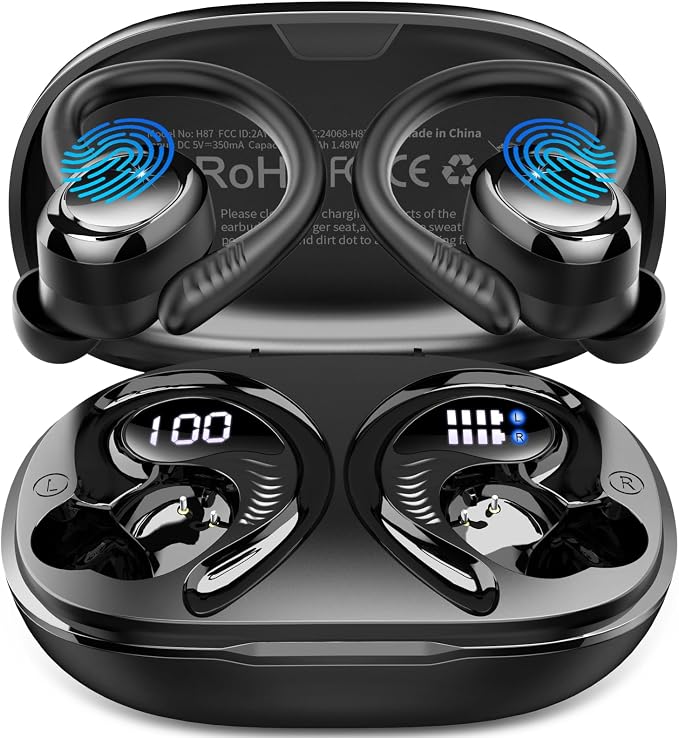 Hupoaf Wireless Earbuds Sport, NEW Bluetooth 5.4 Headphones with Earhooks, 50H Stereo Deep Bass Over Ear Buds with 4 ENC Noise Canceling Mics, IP7 Waterproof Earphones for Running Workout Gym -Black