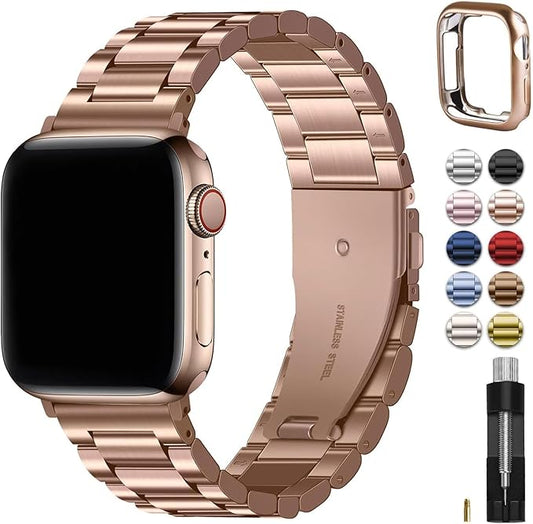 Fullmosa Metal Band Compatible with Apple Watch Bands Ultra3 2 1 49mm, Stainless Steel Strap iWatch Band with Case for Apple Watch, Rose Gold