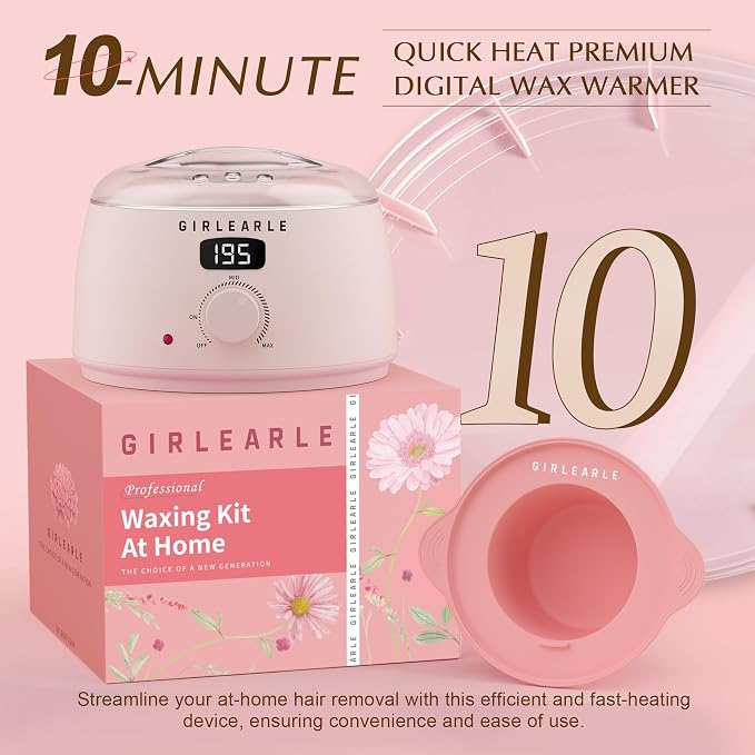 GIRLEARLE Premium Digital Waxing Kit for Women Sensitive Skin, Wax Warmer Hair Removal for Men at Home with Wax Beads & Silicone Pot, Target Different Types of Brazilian Bikini, Facial, Leg, Full body