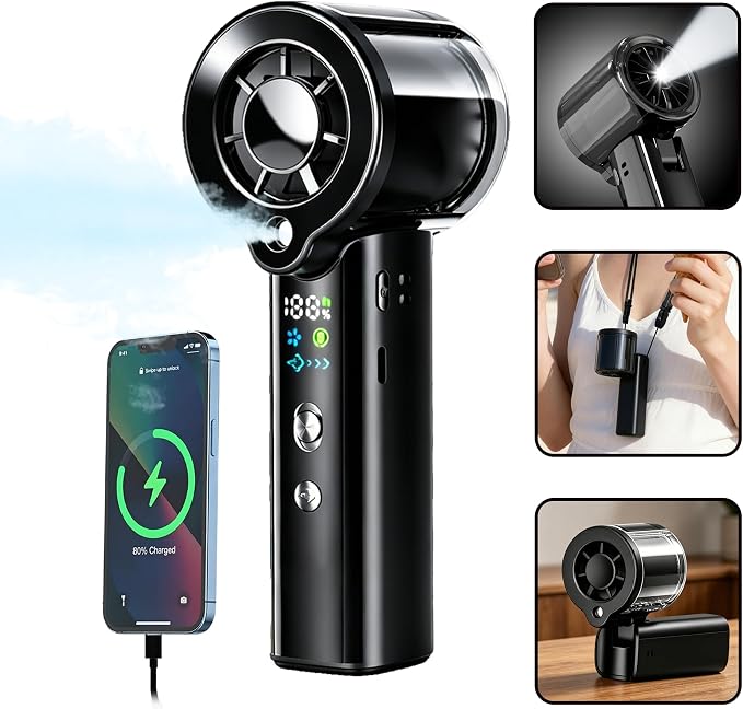 Portable Misting Fan, Handheld Rechargeable Fan with Water Mist, Personal Mini Turbo Fan with 1-100 High Speeds (20000 RPM), LED Light for Music Festival, Summer Trip Must-Haves, Black