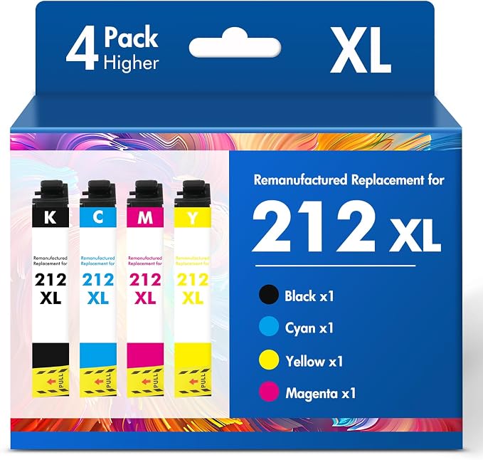 Remanufactured Replacement for 212XL XP-4105 Ink Cartridges Combo Pack 4 Compatible for 212 for Epson Printer XP-4100 XP 4100 4105 XP-4105 Workforce WF-2850 WF 2850 2830 WF-2830 WF-2810 (4 Pack KCMY)