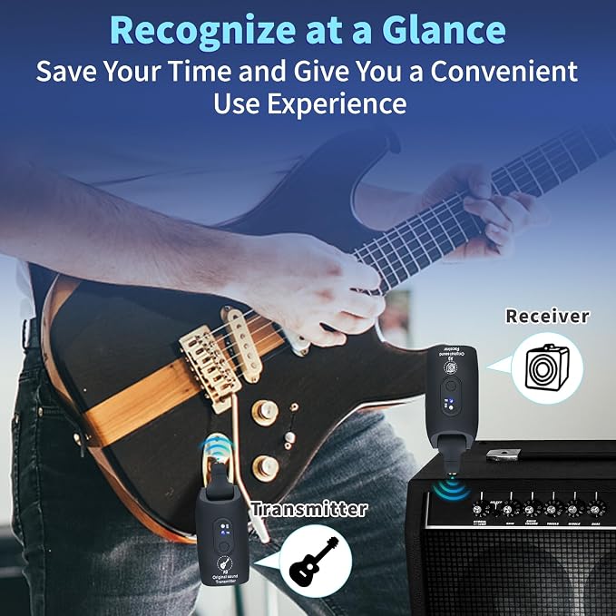 2.4GHz Wireless Guitar System Rechargeable Audio Wireless Transmitter Receiver for Guitar Bass Electric Instruments,Over 30m/100 Feet Transmission,270°Rotatable,4hours Woring Time（A9 Black）