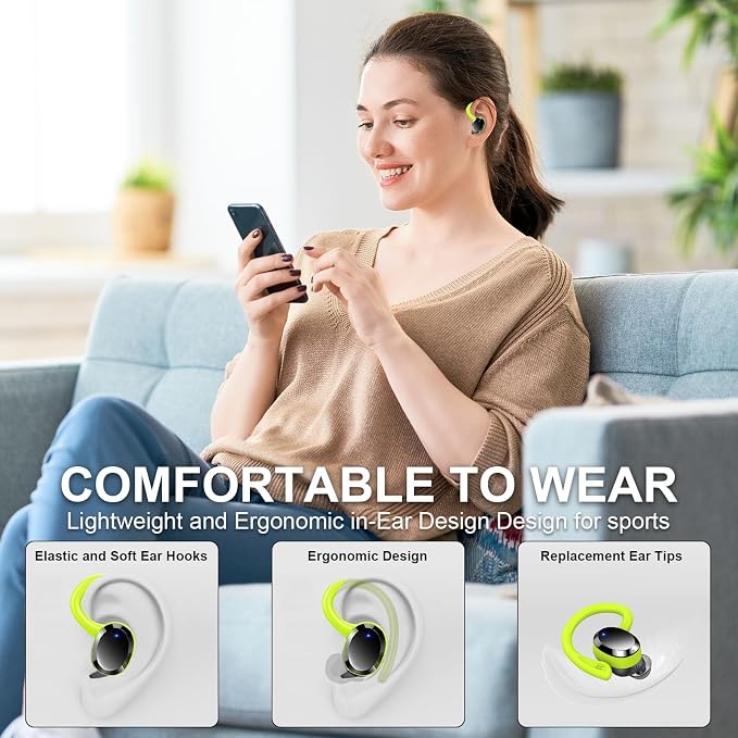 Wireless Earbuds Sport, 2025 Bluetooth 5.3 Headphones Bass Hi-Fi Stereo Over Ear Buds, 48Hrs Noise Cancelling Headset with Earhook, IP7 Waterproof Earphones Workout Running for Laptop Pad Android iOS