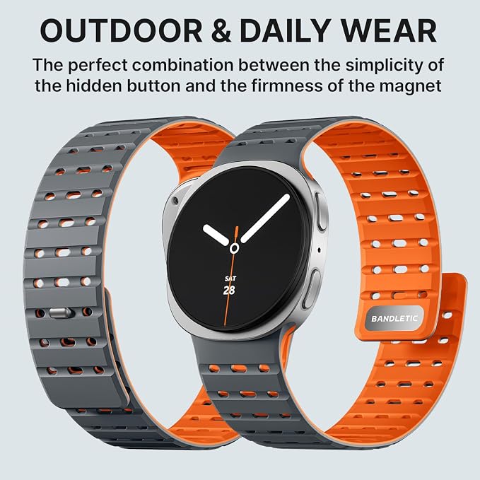 Bandletic Magnetic Band Compatible with Samsung Galaxy Watch 8 40mm 44mm / Watch 8 Classic 46mm 2025, No Gap Soft Breathable Silicone Replacement Strap for Men Women, Gray/Orange