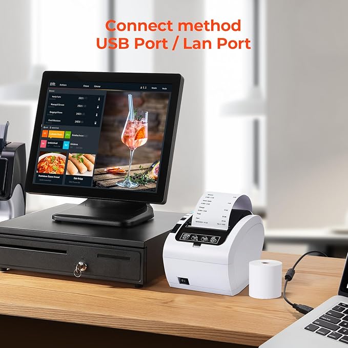 MUNBYN Receipt Printer, Thermal Receipt Printer Works with Windows Mac Chromebook Linux Cash Drawer, USB/Ethernet Port 80mm Printer for POS, High-Speed Auto-Cutter Wall Mount, ESC/POS, ITPP047