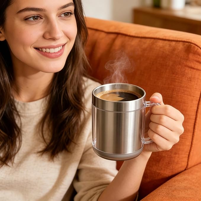 12oz Self Heating Coffee Mug, Electric Heated Coffee Cup with USB Charging Base, Temperature Control Stainless Steel Mug Warmer Set for Desk and Office (Silver Classic-12oz)