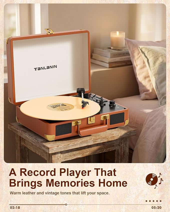 Vinyl Record Player Bluetooth Vintage 3-Speed Portable Suitcase Turntables with Built-in Speakers, Belt-Driven LP Player Support USB Recording AUX-in RCA Line Out Headphone Jack, Brown