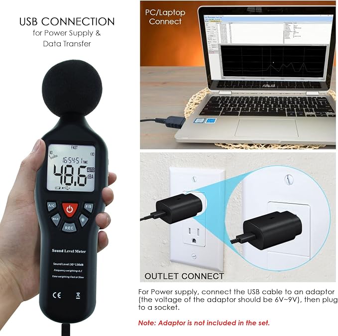 Decibel Meter Sound Level Meter with Data Logging, High Accuracy dB SPL Meter with LCD Backlight, Real-time Display, 30-130 dB Range, Connect Software in PC