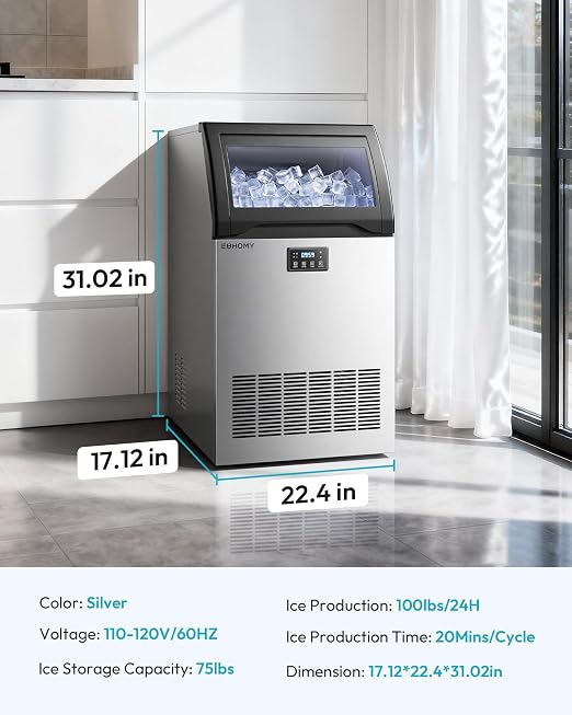 EUHOMY Commercial Gourmet Ice Maker Machine,100lbs/24H, Under Counter Ice Maker with 33lbs Storage, Non-Clumping Design,24pcs Hat Cubes Per Cycle, Freestanding Ice Maker for Home/Bar/Cafe/Restaurant